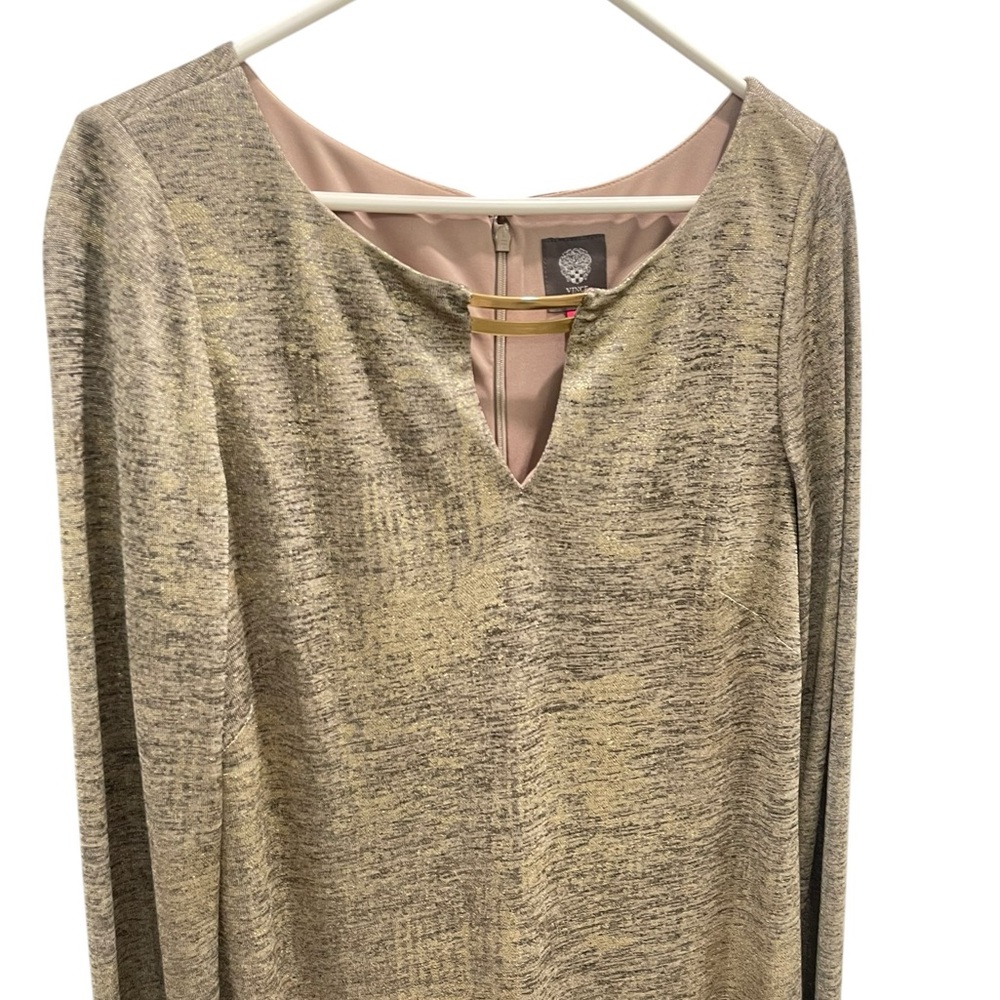 Vince Camuto Metallic Long Sleeves Shift Dress Midi Stretchy Lined Size 10 - Picture 4 of 12